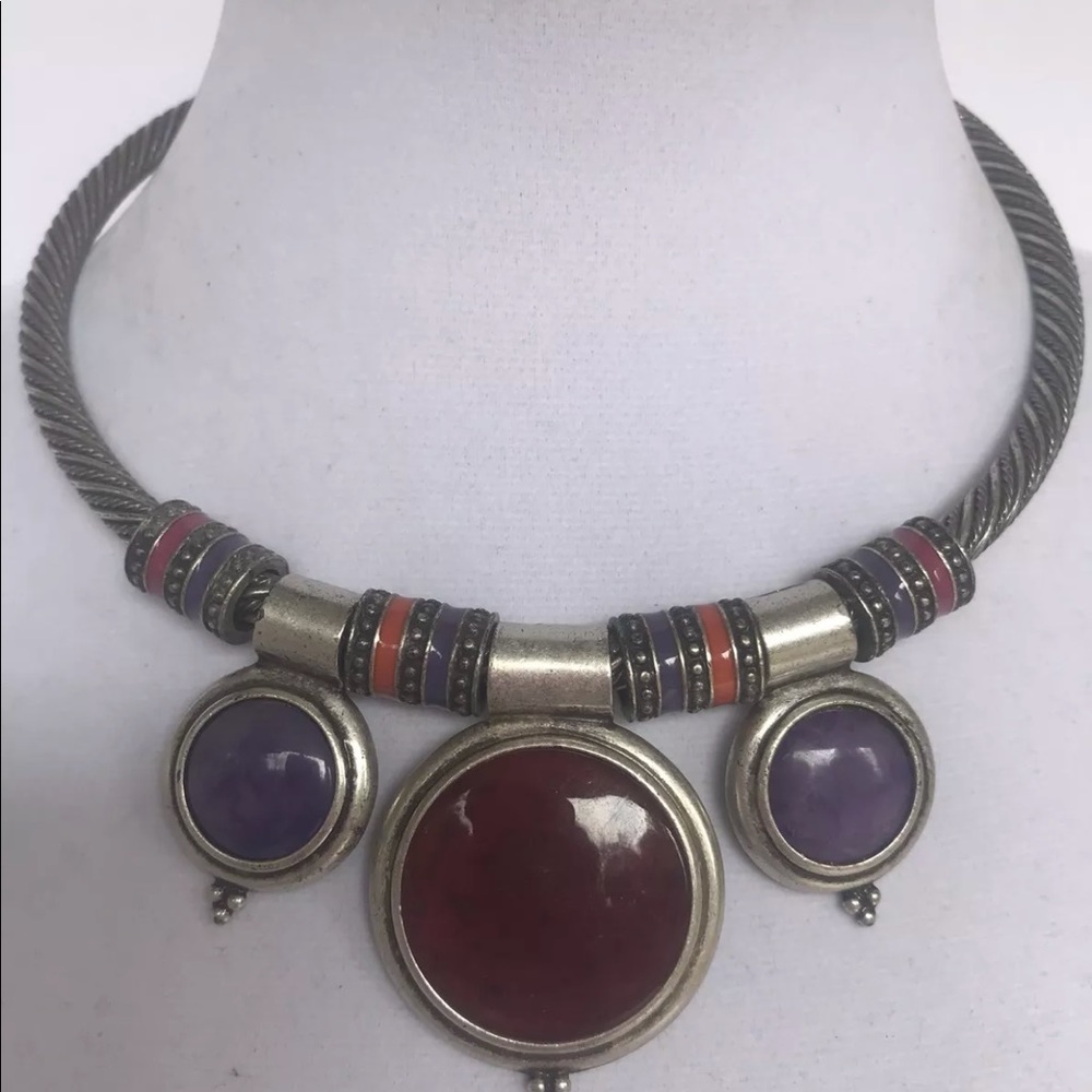 metal silver tone choker Purple collar necklace